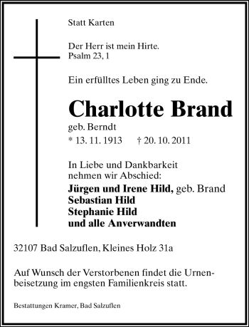 Anzeige  Charlotte Brand  Lippische Landes-Zeitung