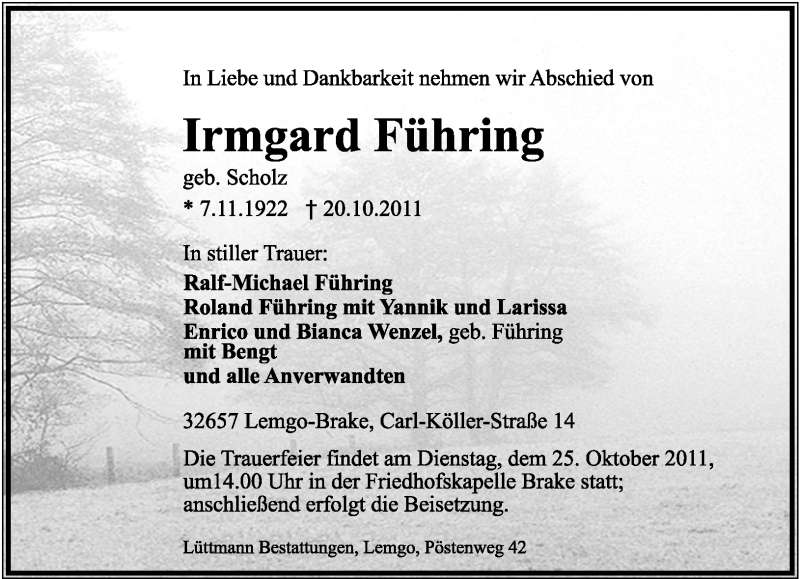  Traueranzeige für Irmgard Führing vom 22.10.2011 aus Lippische Landes-Zeitung