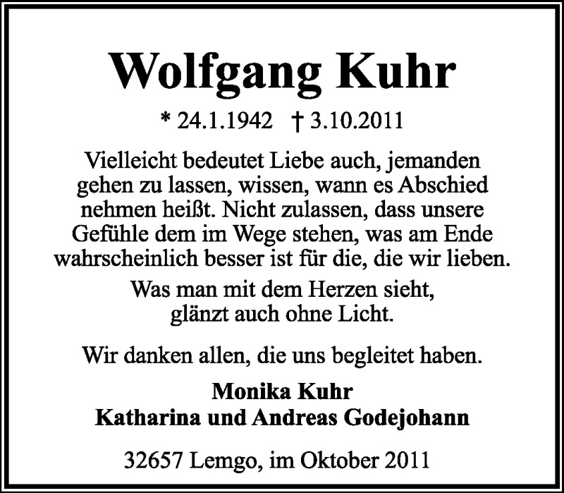  Traueranzeige für Wolfgang Kuhr vom 22.10.2011 aus Lippische Landes-Zeitung