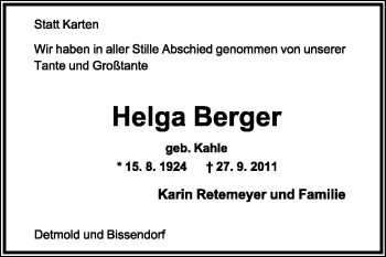 Anzeige  Helga Berger  Lippische Landes-Zeitung