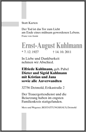Anzeige  Ernst-August Kuhlmann  Lippische Landes-Zeitung