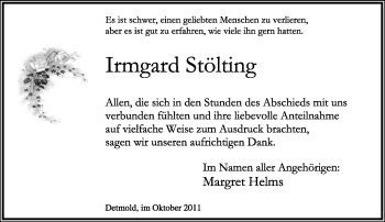 Anzeige  Irmgard Stölting  Lippische Landes-Zeitung