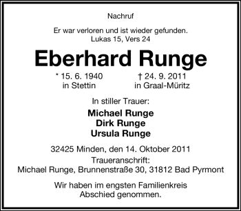 Anzeige  Eberhard Runge  Lippische Landes-Zeitung