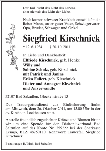 Anzeige  Siegfried Kirschnick  Lippische Landes-Zeitung