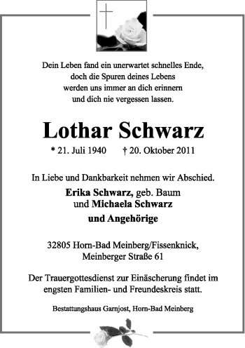 Anzeige  Lothar Schwarz  Lippische Landes-Zeitung