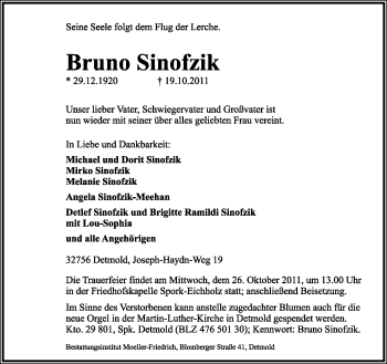 Anzeige  Bruno Sinofzik  Lippische Landes-Zeitung
