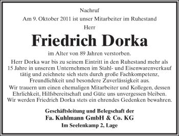 Anzeige  Friedrich Dorka  Lippische Landes-Zeitung