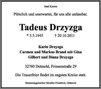 Anzeige  Tadeus Drzyzga  Lippische Landes-Zeitung