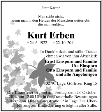 Anzeige  Kurt Erben  Lippische Landes-Zeitung