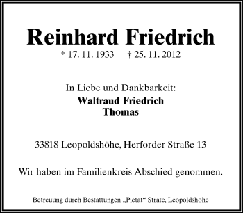 Anzeige  Reinhard Friedrich  Lippische Landes-Zeitung