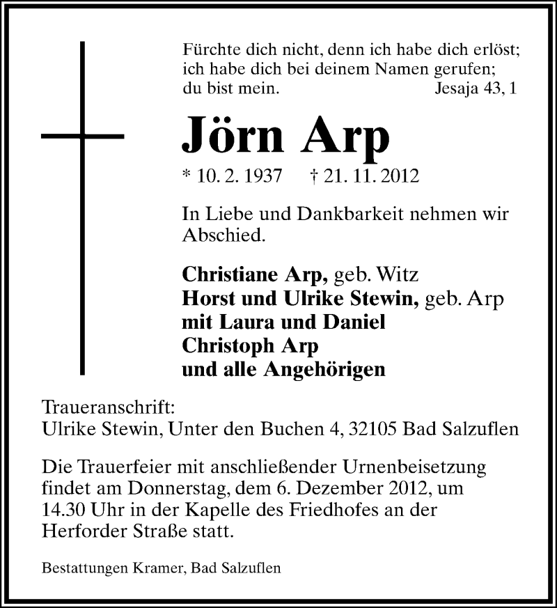  Traueranzeige für Jörn Arp vom 01.12.2012 aus Lippische Landes-Zeitung