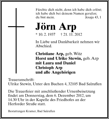 Anzeige  Jörn Arp  Lippische Landes-Zeitung