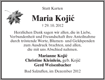 Anzeige  Maria Kojic  Lippische Landes-Zeitung