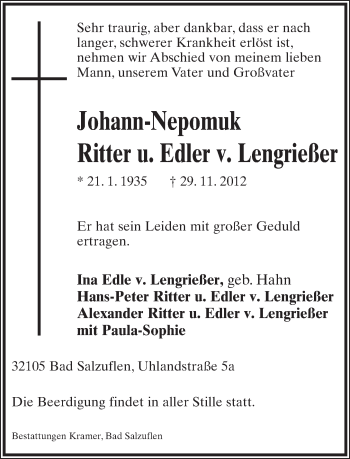 Anzeige  Johann-Nepomuk Ritter und Edler von Lengrießer  Lippische Landes-Zeitung