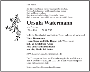 Anzeige  Ursula Watermann  Lippische Landes-Zeitung