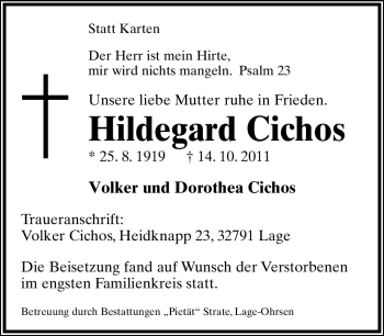 Anzeige  Hildegard Cichos  Lippische Landes-Zeitung