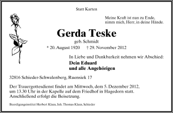 Anzeige  Gerda Teske  Lippische Landes-Zeitung