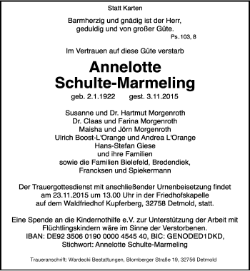 Anzeige  Annelotte Schulte-Marmeling  Lippische Landes-Zeitung