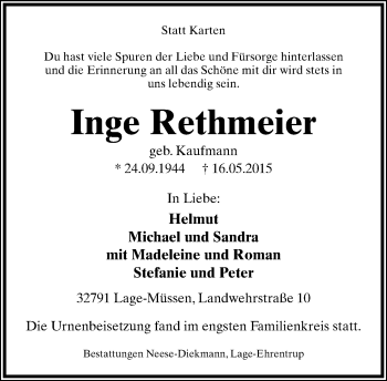 Anzeige  Inge Rethmeier  Lippische Landes-Zeitung