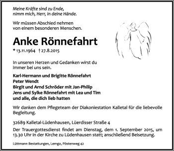 Anzeige  Anke Rönnefahrt  Lippische Landes-Zeitung