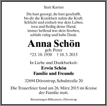Anzeige  Anna Schön  Lippische Landes-Zeitung