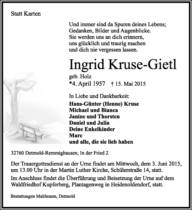  Traueranzeige für Ingrid Kruse-Gietl vom 30.05.2015 aus Lippische Landes-Zeitung