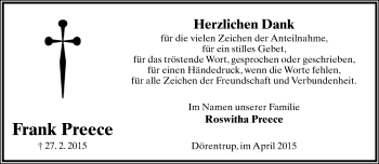 Anzeige  Frank Preece  Lippische Landes-Zeitung