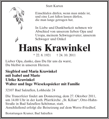 Anzeige  Hans Krawinkel  Lippische Landes-Zeitung
