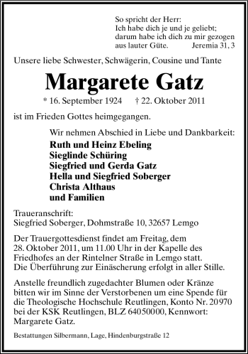 Anzeige  Margarete Gatz  Lippische Landes-Zeitung