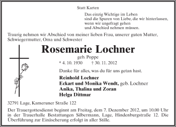 Anzeige  Rosemarie Lochner  Lippische Landes-Zeitung
