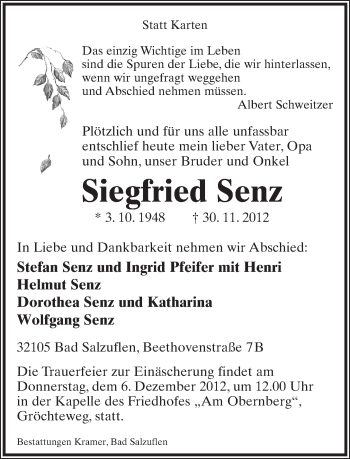 Anzeige  Siegfried Senz  Lippische Landes-Zeitung