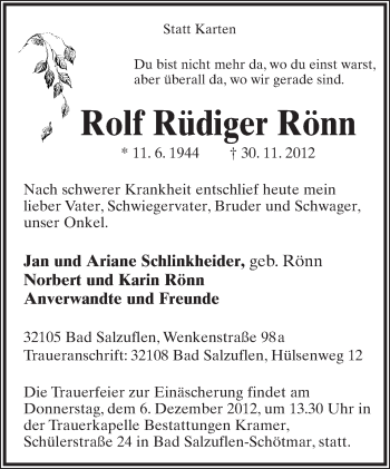 Anzeige  Rüdiger Rönn  Lippische Landes-Zeitung