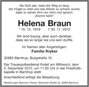 Anzeige  Helena Braun  Lippische Landes-Zeitung