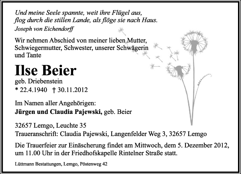  Traueranzeige für Ilse Beier vom 03.12.2012 aus Lippische Landes-Zeitung