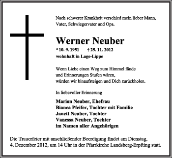 Anzeige  Werner Neuber   Lippische Landes-Zeitung