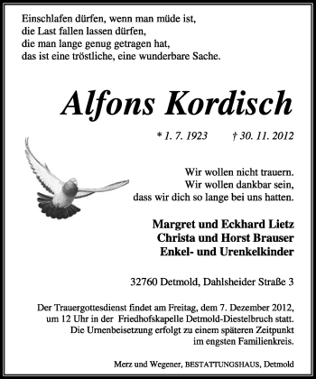 Anzeige  Alfons Kordisch  Lippische Landes-Zeitung