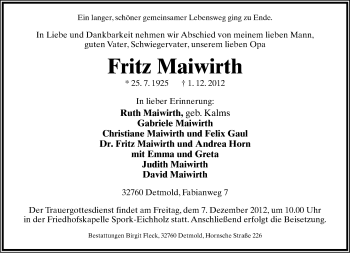 Anzeige  Fritz Maiwirth  Lippische Landes-Zeitung