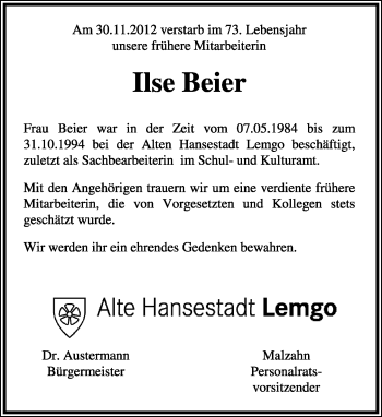 Anzeige  Ilse Beier  Lippische Landes-Zeitung