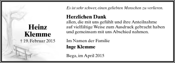 Anzeige  Heinz Klemme  Lippische Landes-Zeitung