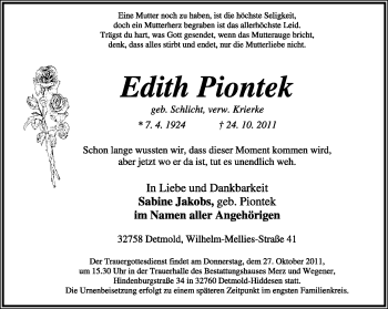 Anzeige  Edith Piontek  Lippische Landes-Zeitung
