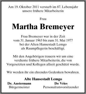 Anzeige  Martha Bremyer  Lippische Landes-Zeitung