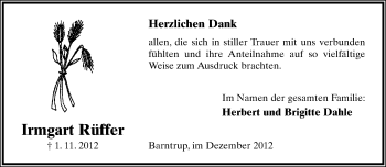 Anzeige  Irmgart Rüffer  Lippische Landes-Zeitung
