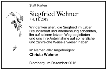 Anzeige  Siegfried Wehner  Lippische Landes-Zeitung