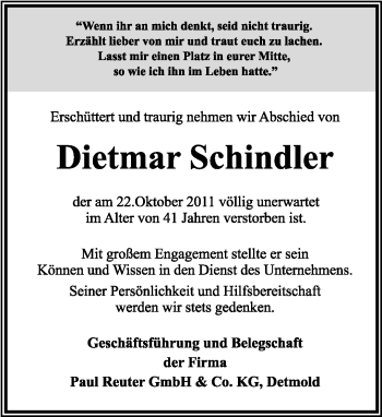 Anzeige  Dietmar Schindler  Lippische Landes-Zeitung