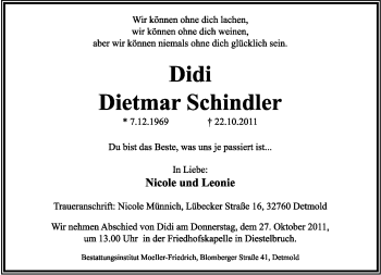 Anzeige  Dietmar Schindler  Lippische Landes-Zeitung