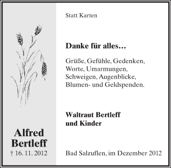 Anzeige  Alfred Bertleff  Lippische Landes-Zeitung