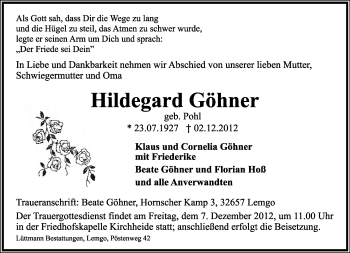 Anzeige  Hildegard Göhner  Lippische Landes-Zeitung