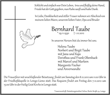 Anzeige  Bernhard Taube  Lippische Landes-Zeitung