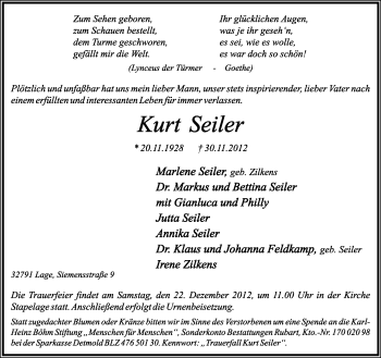 Anzeige  Kurt Seiler  Lippische Landes-Zeitung