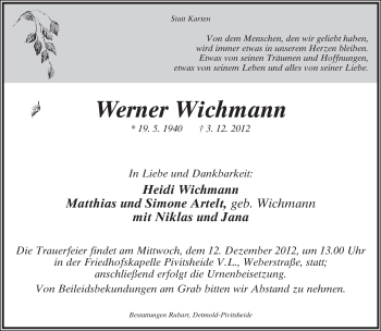 Anzeige  Werner Wichmann  Lippische Landes-Zeitung